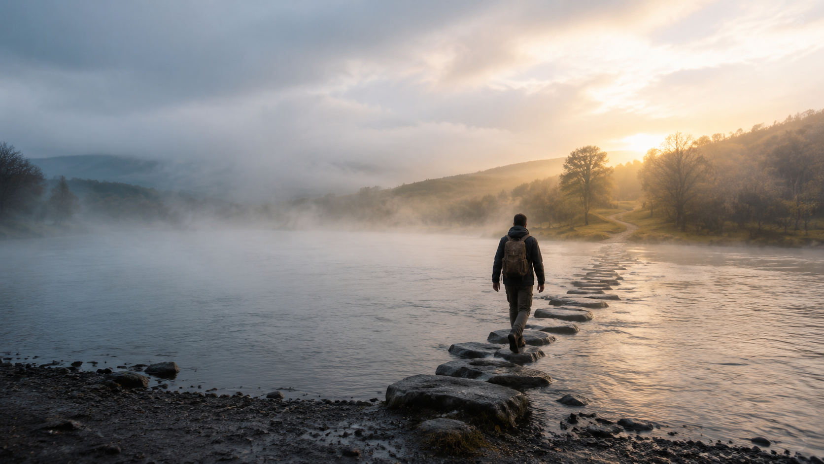 A lone traveler crosses a river on stepping stones at dawn, mist rising over the water.