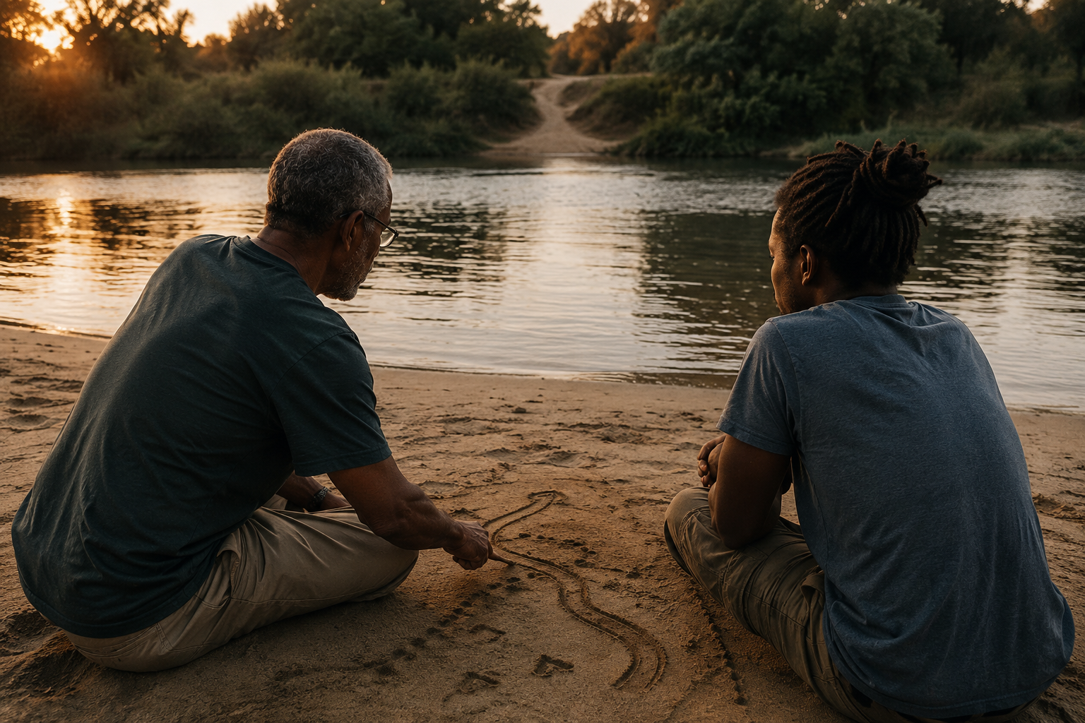 An older traveler and a younger traveler sit by a river at sunset; the older draws a route in the sand.