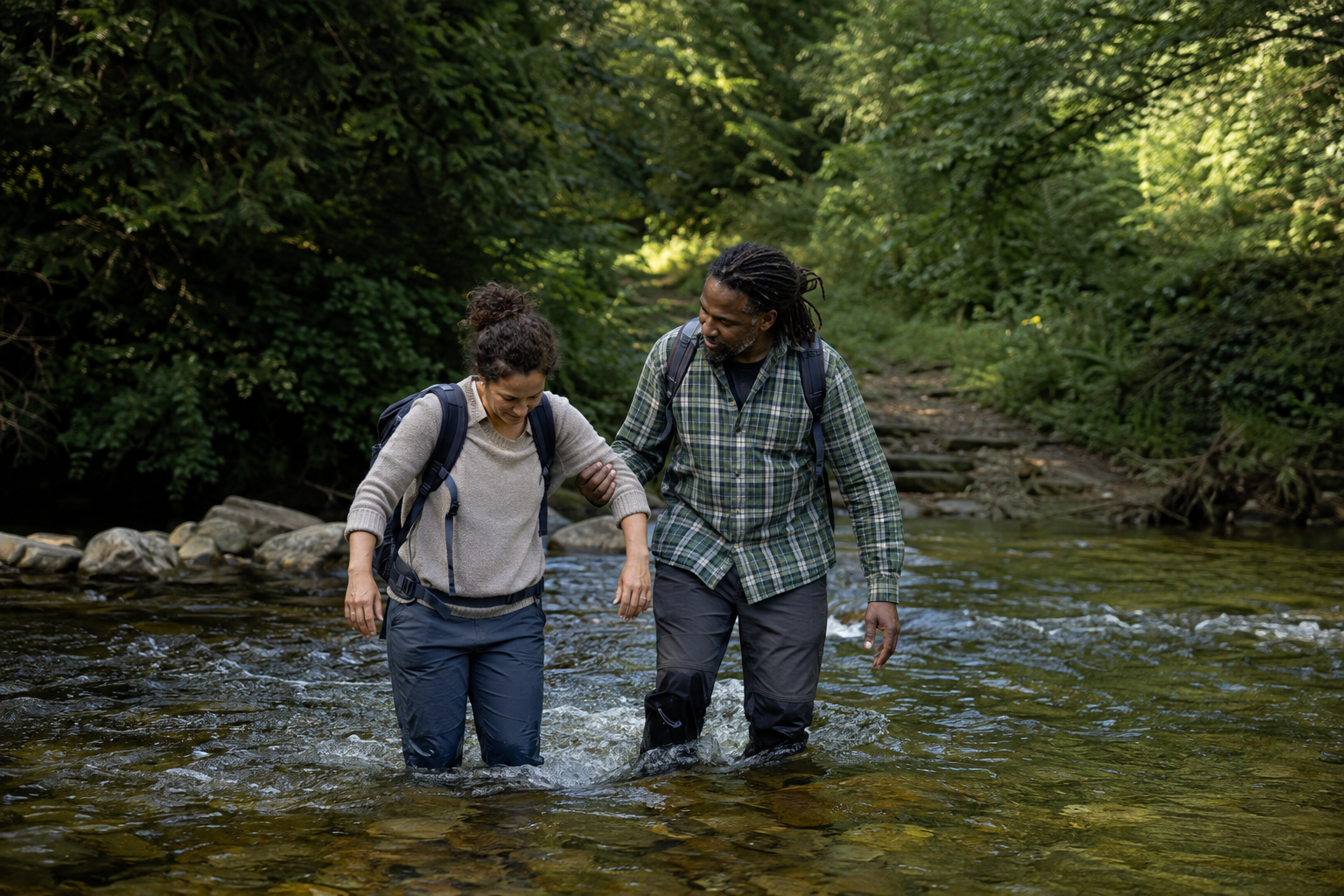 Two travelers steady each other while crossing a shallow river in a green forest.