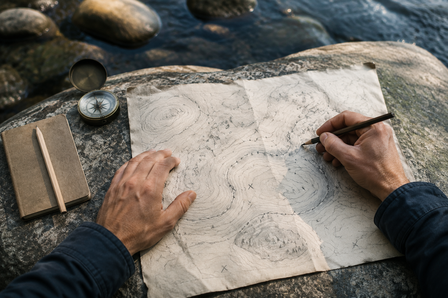 Hands mark a route on a folded topographic map beside a compass and a small notebook at the edge of a river.